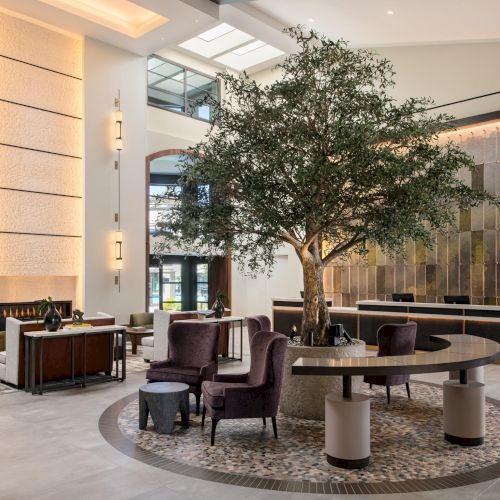 A stylish hotel lobby with a large potted tree centerpiece, modern seating around a circular rug, warm lighting, and a sleek reception area at the back.
