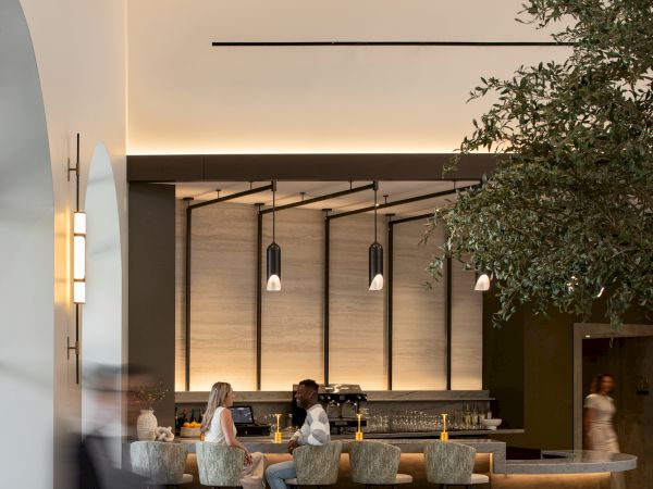 A chic hotel lobby bar with high stools, a long back bar, warm lighting, and a tree-centerpiece creating a cozy, modern vibe.