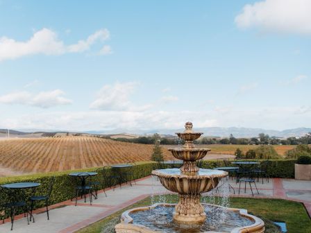 A stone three-tier fountain sits in a manicured garden with a circular basin, surrounded by hedges, benches, and a vineyard beyond under a bright blue sky.